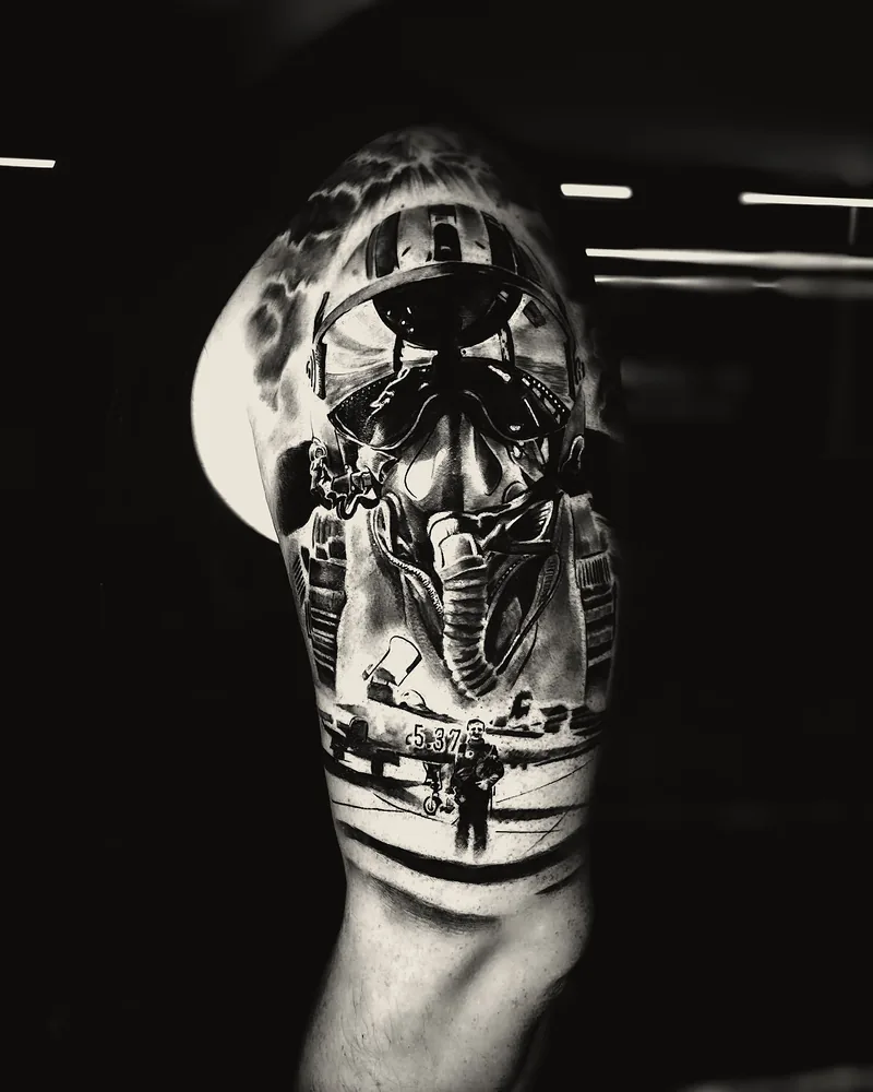 The Eagle Has Landed tattoo — shoulder, black and grey realism (1)