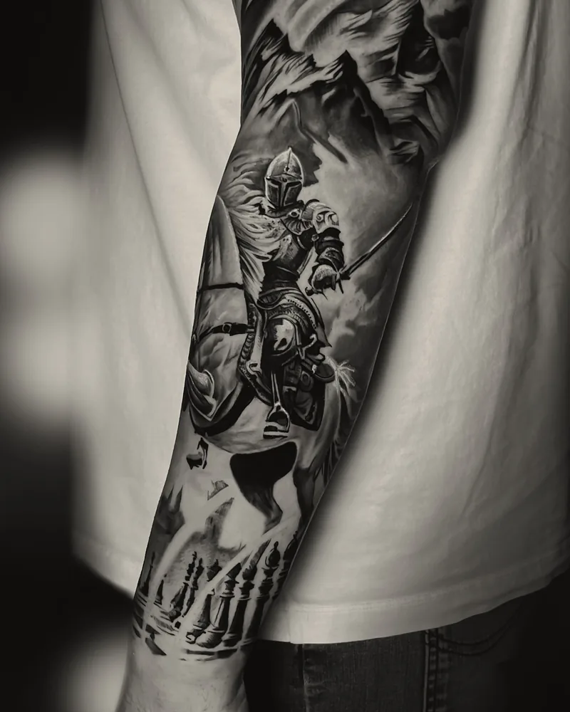 Chess tattoo — forearm, black and grey realism (1)