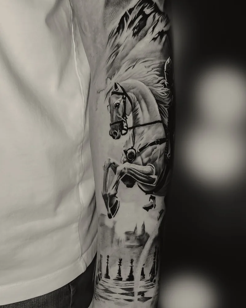Chess tattoo — forearm, black and grey realism (2)